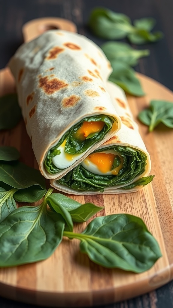 A delicious egg and spinach wrap on a wooden cutting board, surrounded by fresh spinach leaves.