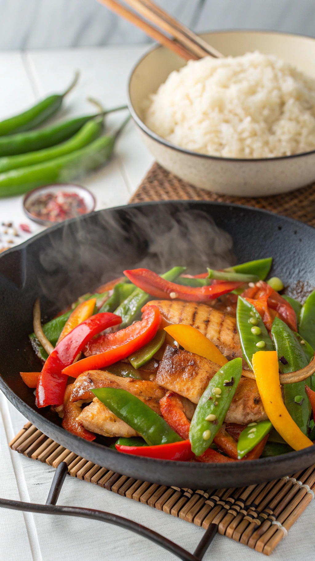 A colorful fish stir-fry with bell peppers and snap peas in a skillet, served with rice.