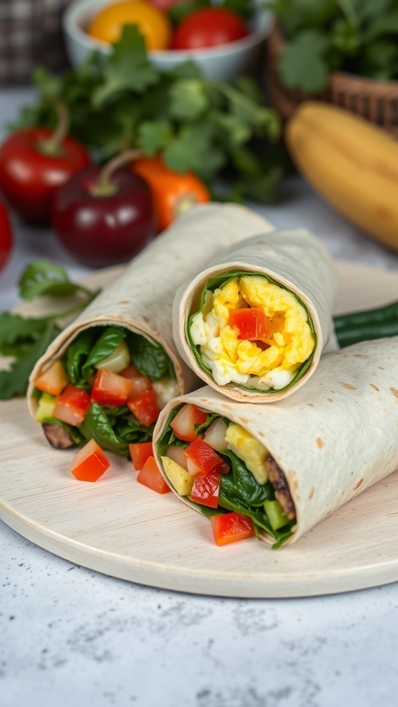 Healthy breakfast wraps filled with eggs and vegetables on a wooden platter.