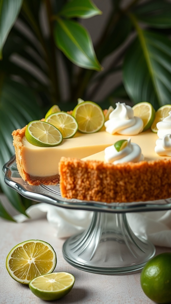 A delicious key lime pie topped with lime slices and whipped cream, displayed on a glass stand.