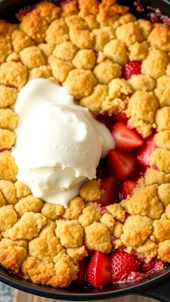 A delicious low-carb strawberry crumble with a scoop of ice cream on top.