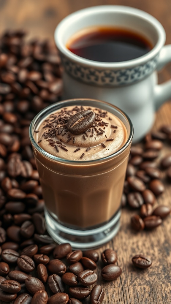 A glass of mocha mousse topped with chocolate sprinkles and a coffee bean, with a cup of coffee in the background.
