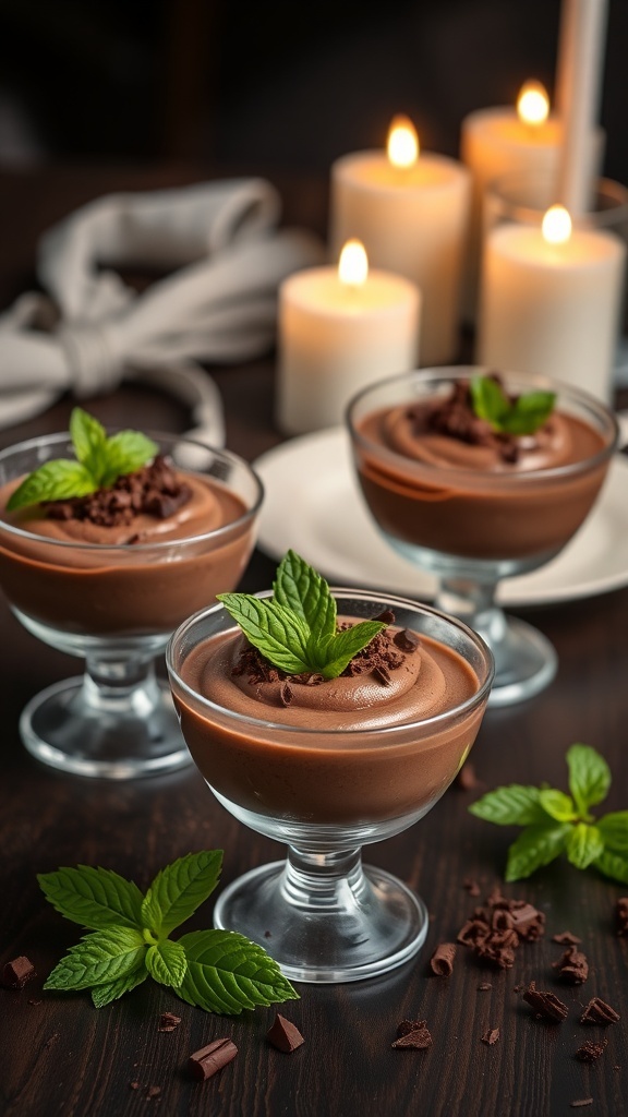 Three cups of chocolate mousse topped with mint leaves and chocolate shavings, surrounded by candles.