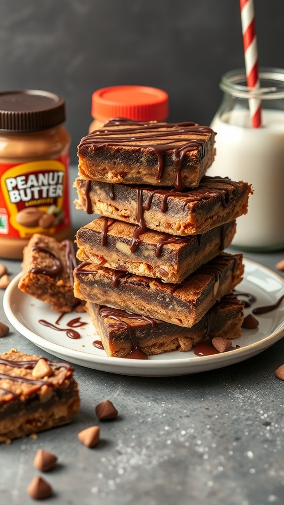 A stack of no-bake chocolate peanut butter bars drizzled with chocolate, with jars of peanut butter and a glass of milk in the background.