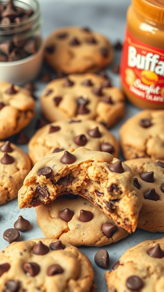 Peanut butter chocolate chip cookies with a jar of peanut butter and chocolate chips scattered around.