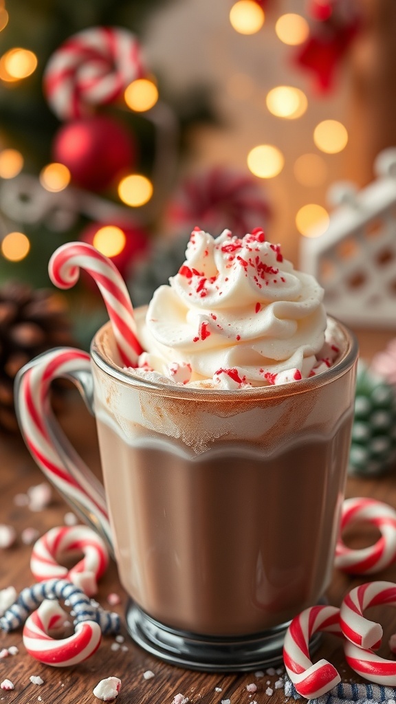 A mug of peppermint hot chocolate topped with whipped cream and crushed peppermint, with candy canes around it.