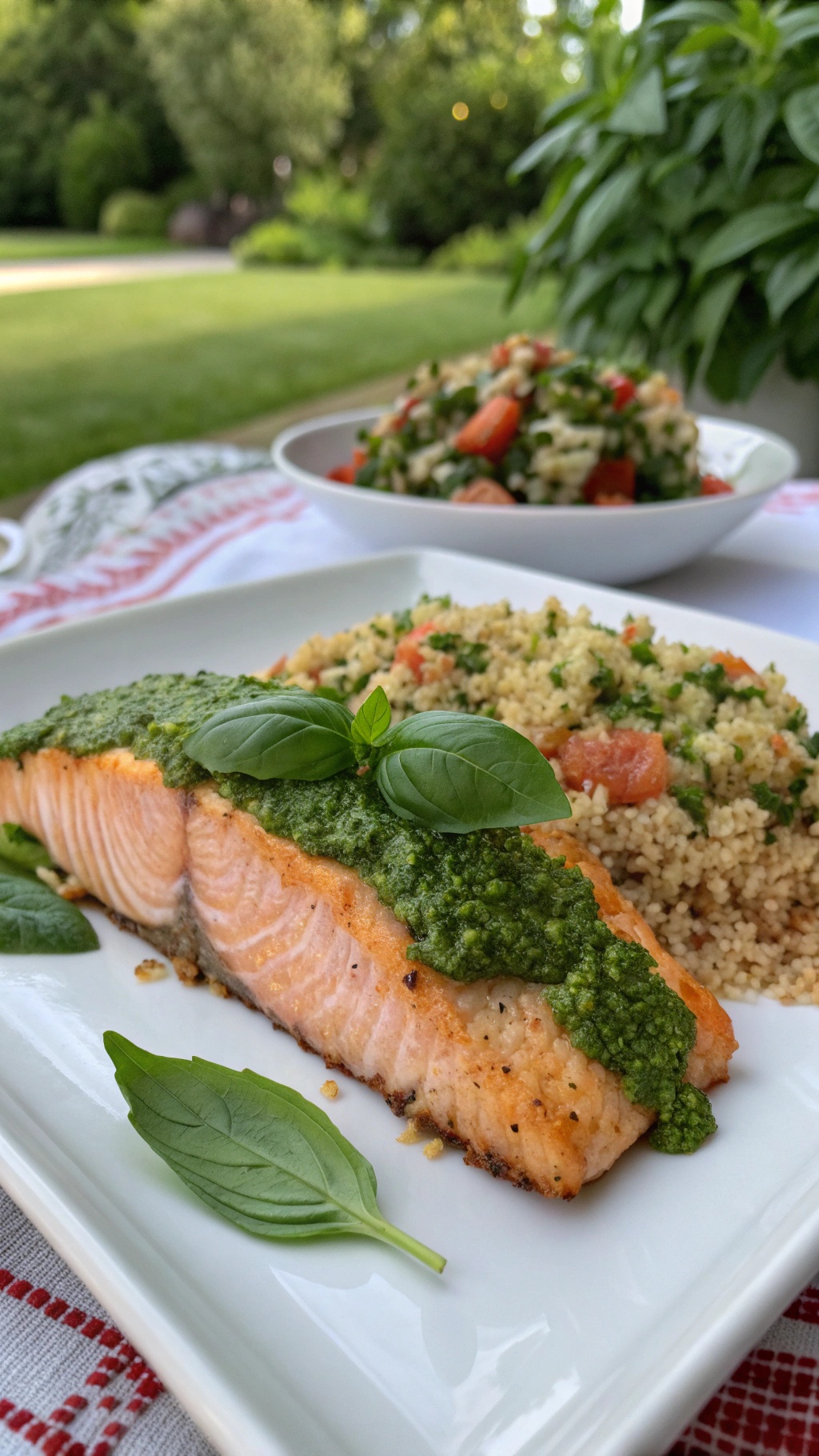 Pesto crusted salmon served with couscous and fresh basil