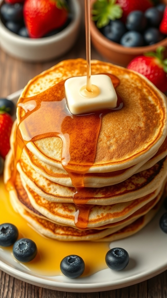 A stack of protein pancakes topped with butter and syrup, surrounded by fresh strawberries and blueberries.