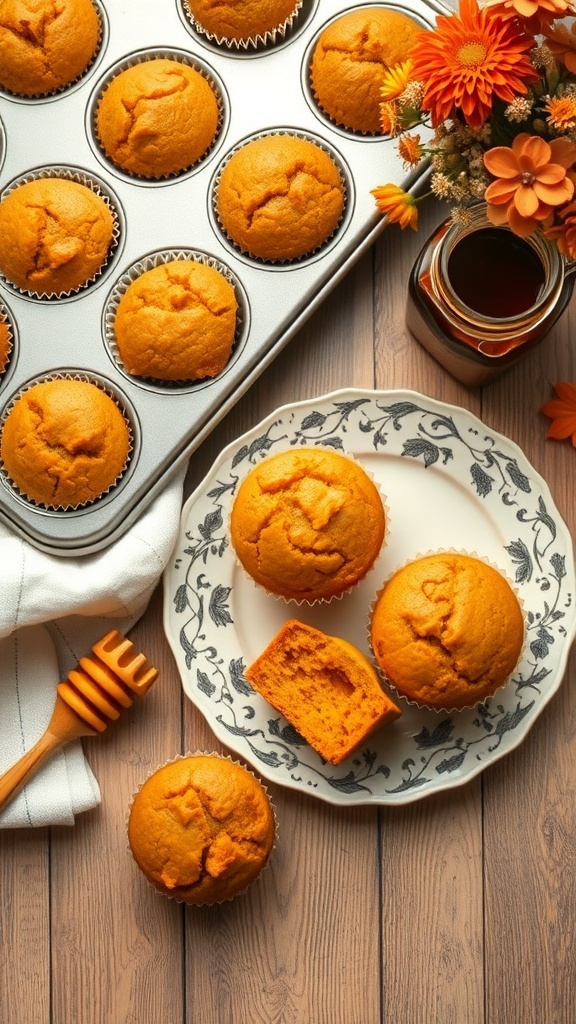 Freshly baked pumpkin muffins on a decorative plate with a honey dipper and flowers in the background.