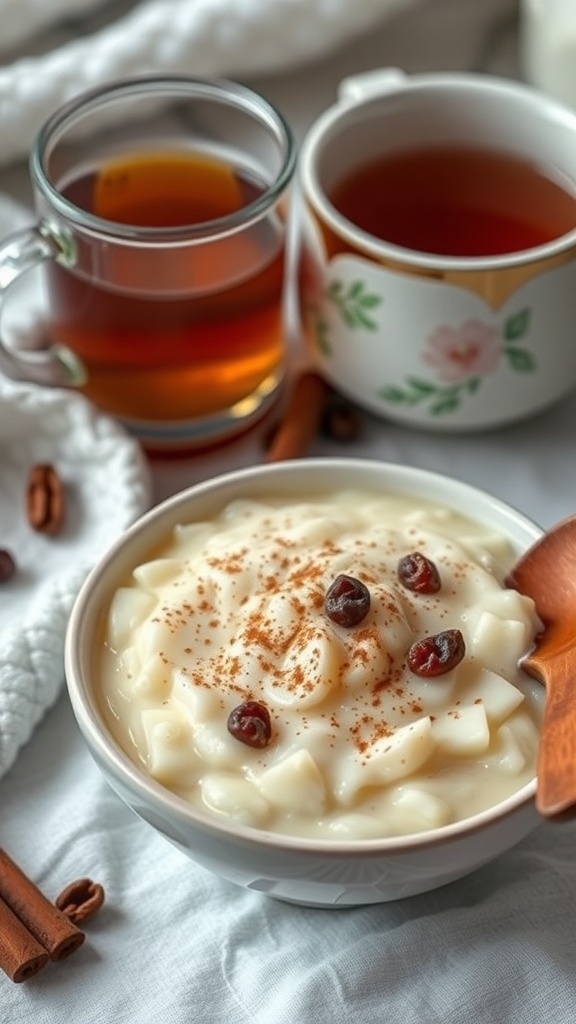 A bowl of creamy rice pudding topped with cinnamon and dried fruits, with cups of tea in the background.