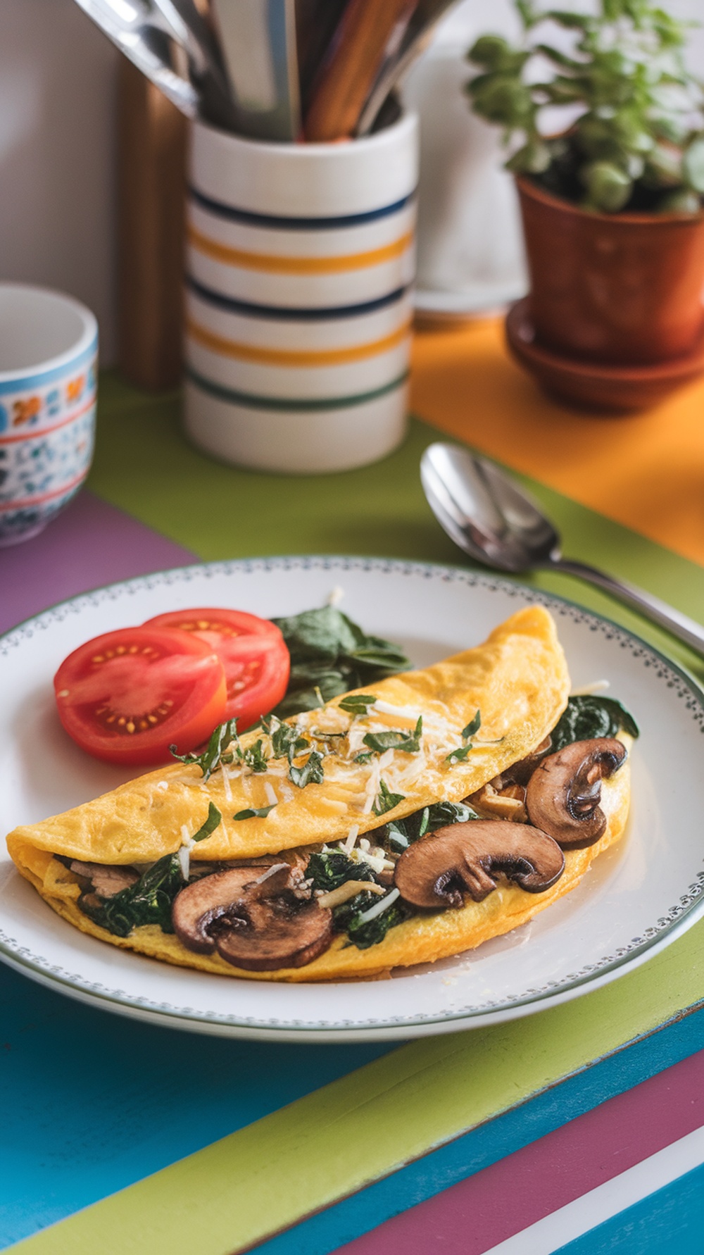 A savory omelet filled with spinach and mushrooms, served with tomato slices on a colorful table.