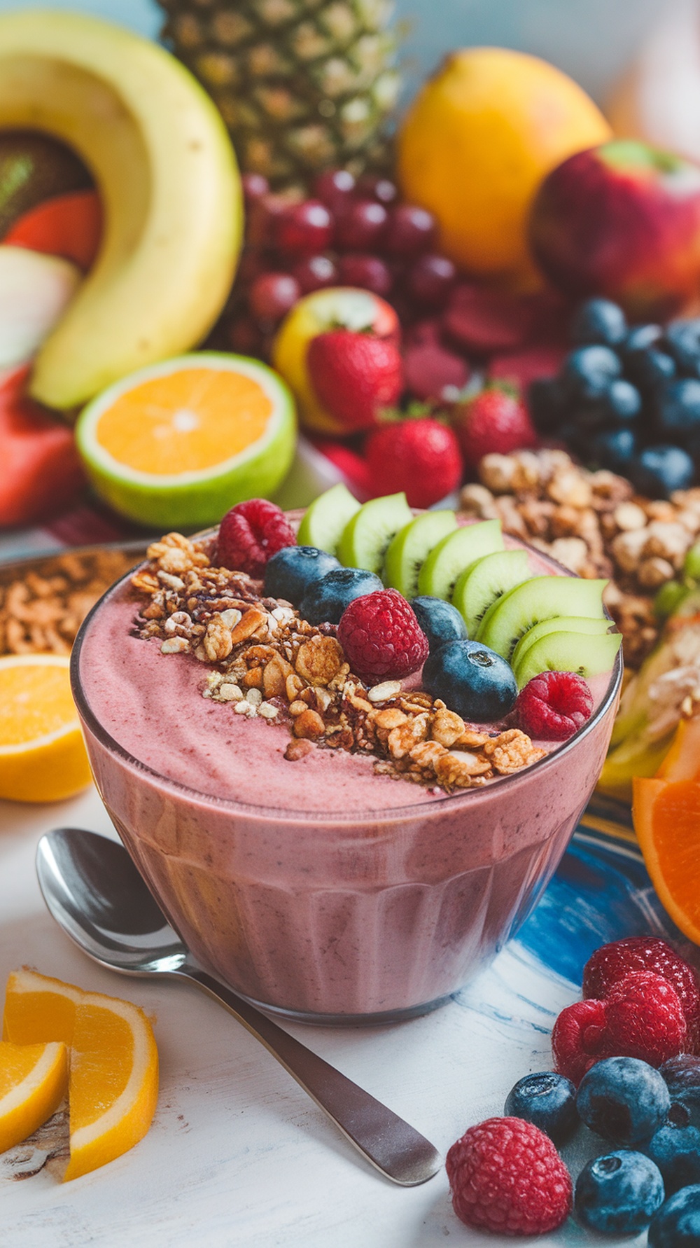 A colorful smoothie bowl topped with fresh fruits and granola, surrounded by various fruits.