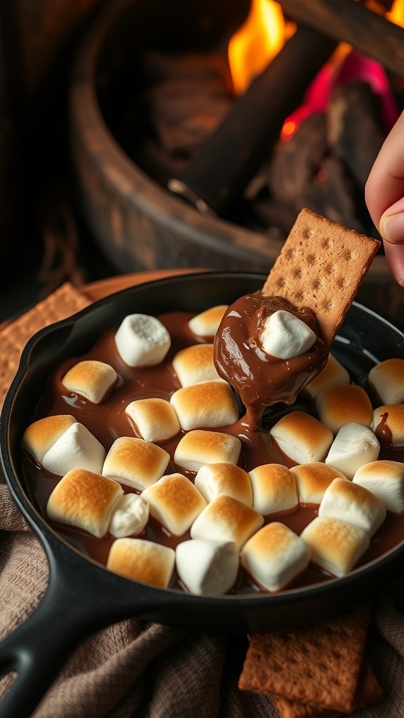 A delicious s'mores dip with melted chocolate and toasted marshmallows, served with graham crackers.