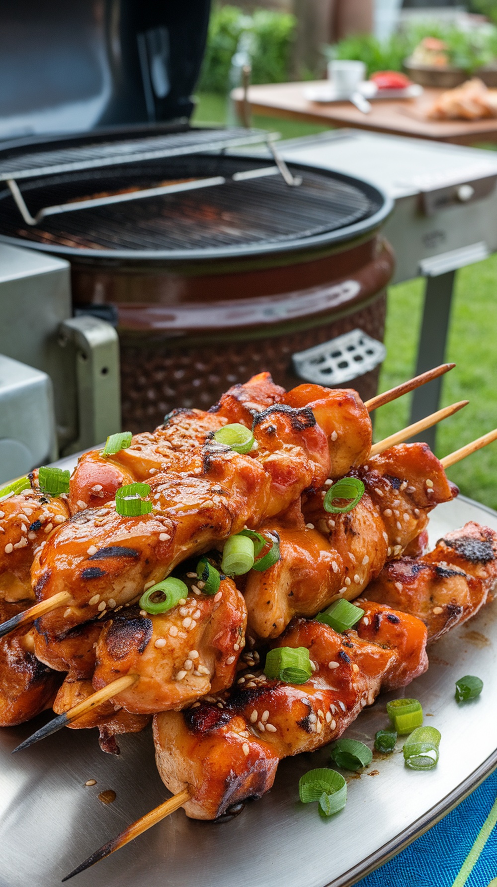 Grilled teriyaki chicken skewers garnished with green onions and sesame seeds