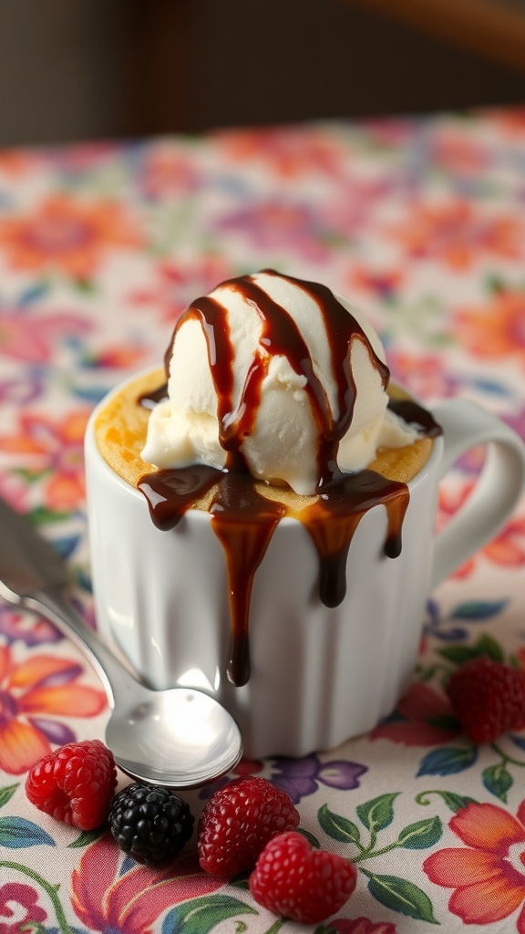 A vanilla mug cake topped with ice cream and chocolate sauce, surrounded by fresh berries.
