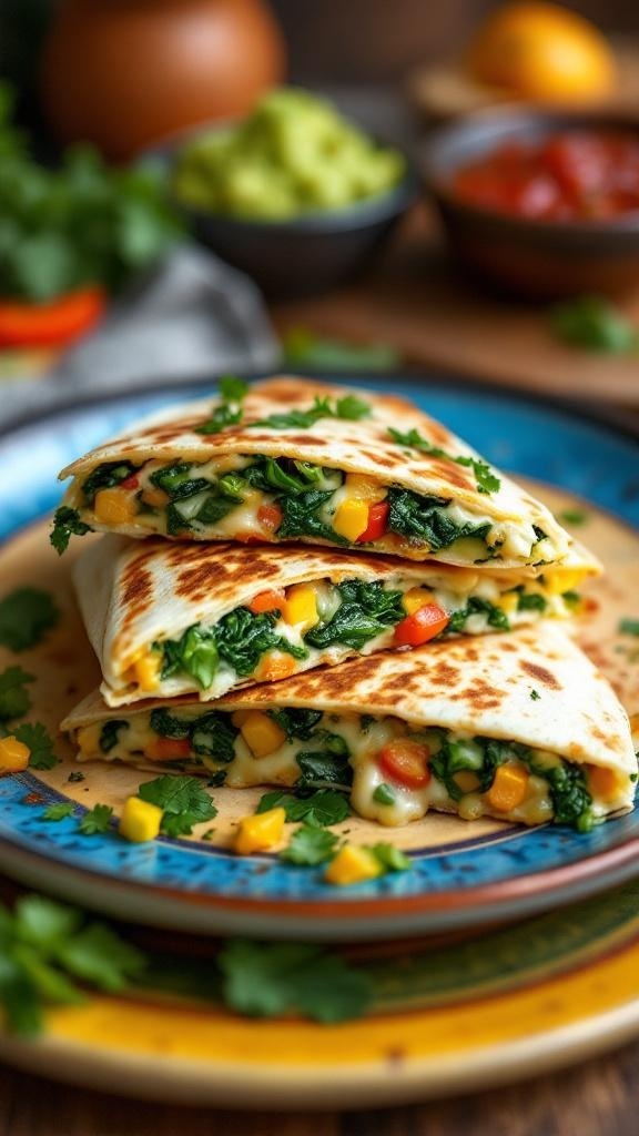 Vegetable quesadillas with spinach, corn, and bell peppers on a colorful plate with guacamole and salsa in the background.