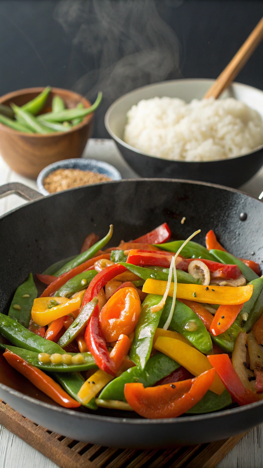 A colorful vegetable stir-fry with bell peppers and snap peas in a pan, served with rice.