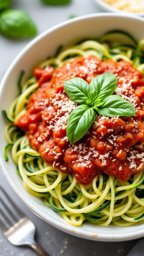 A bowl of zucchini noodles topped with tomato basil sauce and fresh basil leaves.