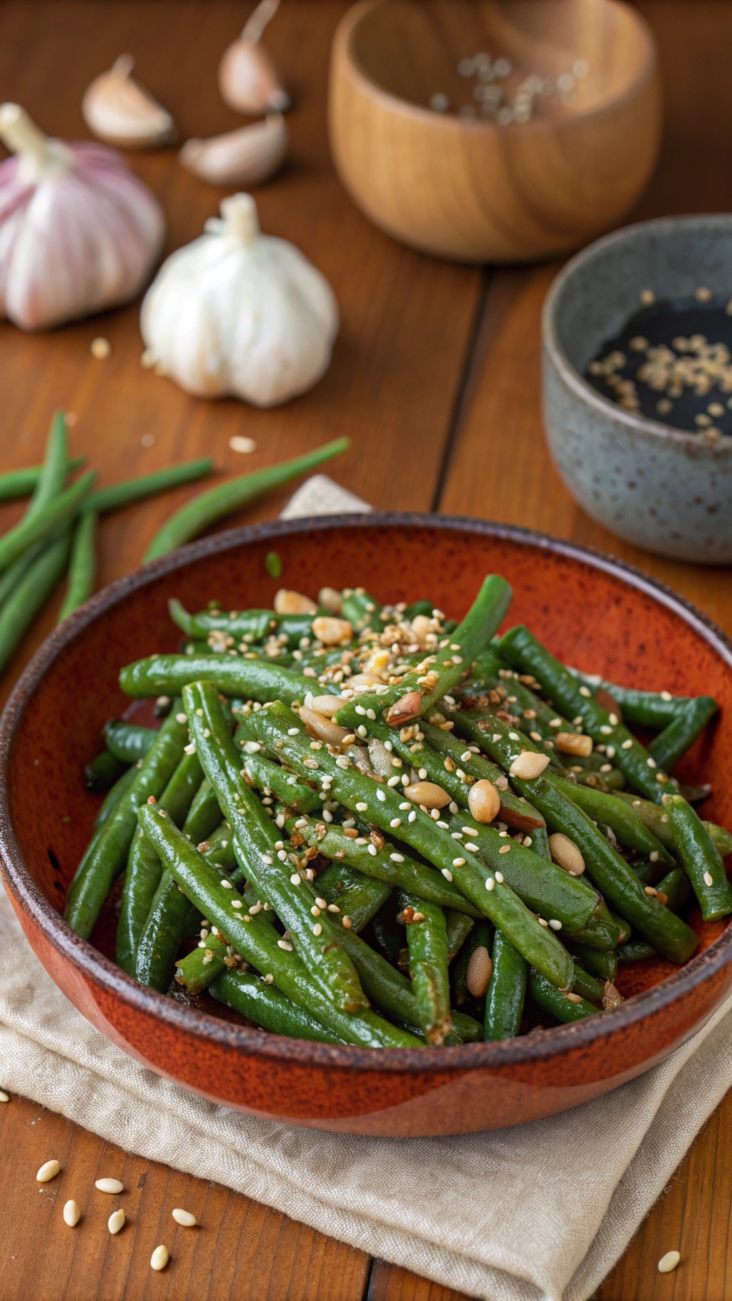 A bowl of garlic green beans topped with sesame seeds and pine nuts, surrounded by garlic cloves and other ingredients.