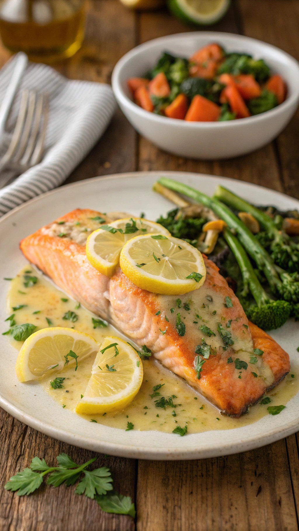 A plate of lemon garlic butter salmon garnished with lemon slices and parsley, served with sautéed vegetables.