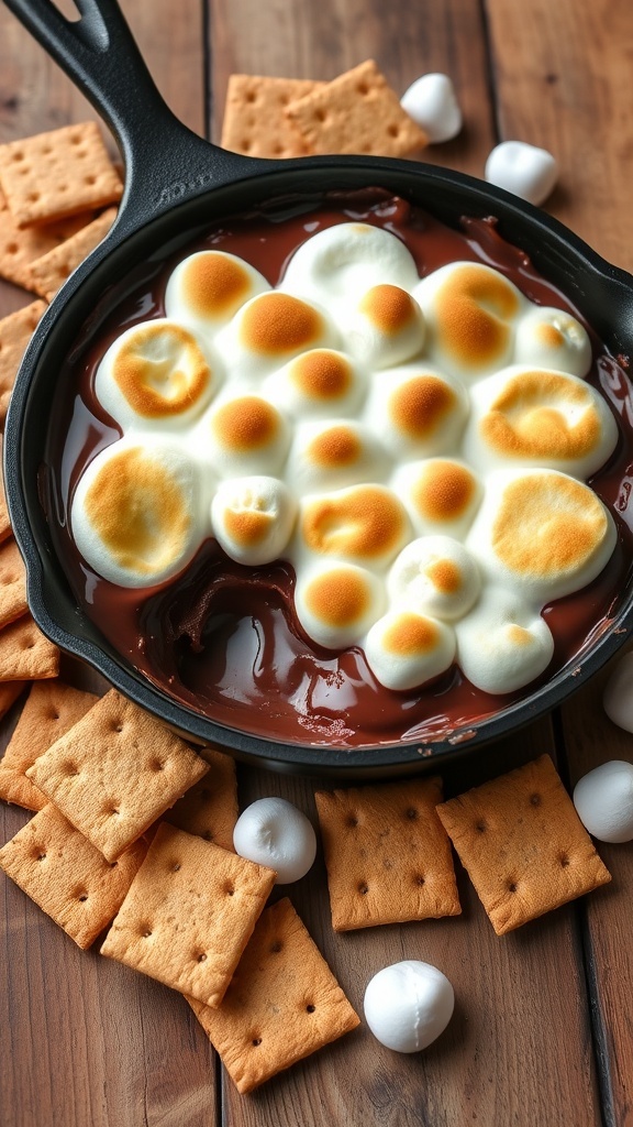 A skillet filled with melted chocolate and toasted marshmallows, surrounded by graham crackers.