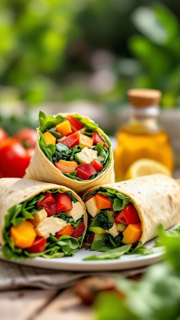 Three colorful veggie wraps filled with fresh vegetables and chicken, served on a plate.