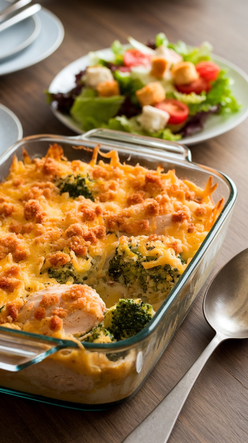 A delicious chicken and broccoli casserole in a glass dish, served with a fresh salad on the side.