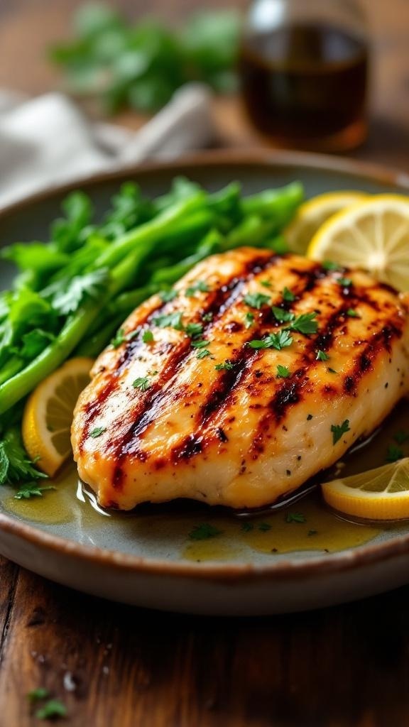 Grilled Lemon Herb Chicken served with green vegetables and lemon slices