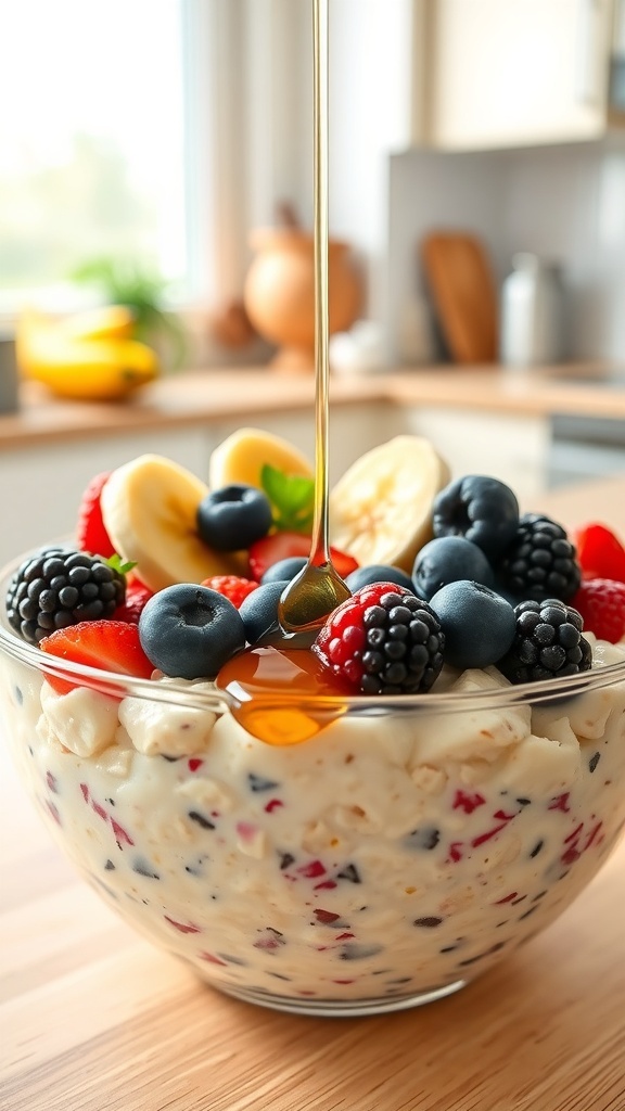 A bowl of overnight oats topped with fresh fruits and honey