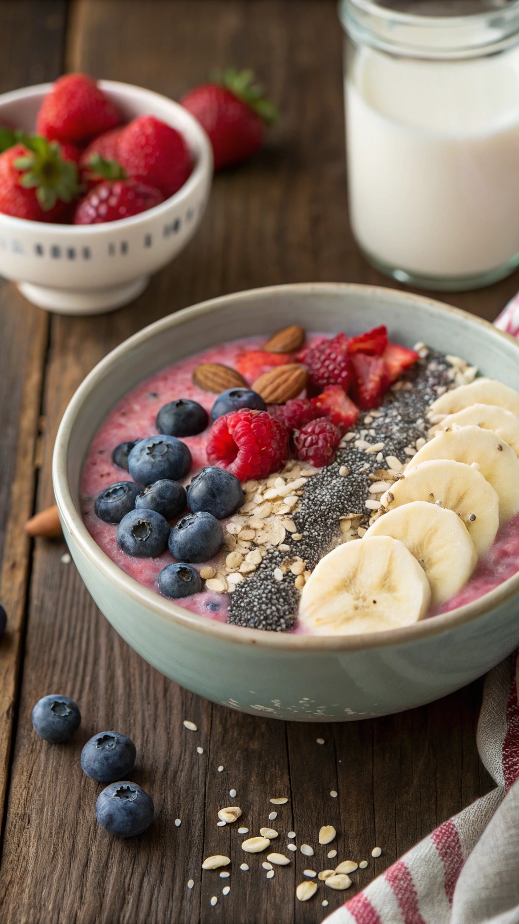 A bowl of colorful overnight oats topped with fruits and nuts, with a glass of milk in the background.