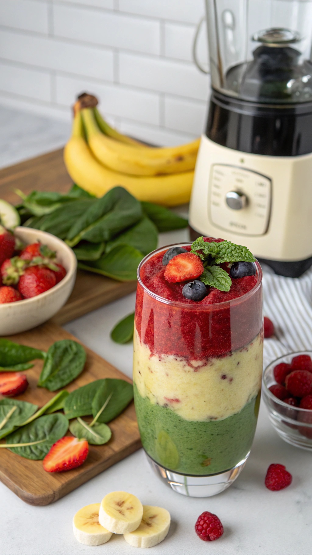 A colorful green smoothie layered with fruits and greens, surrounded by fresh berries and a blender in the background.