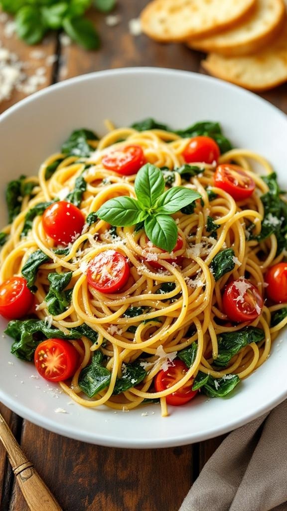 A bowl of spinach and tomato pasta garnished with basil and served with bread.