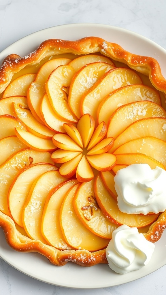 A beautifully arranged apple tart made with puff pastry, topped with sliced apples and served with whipped cream.