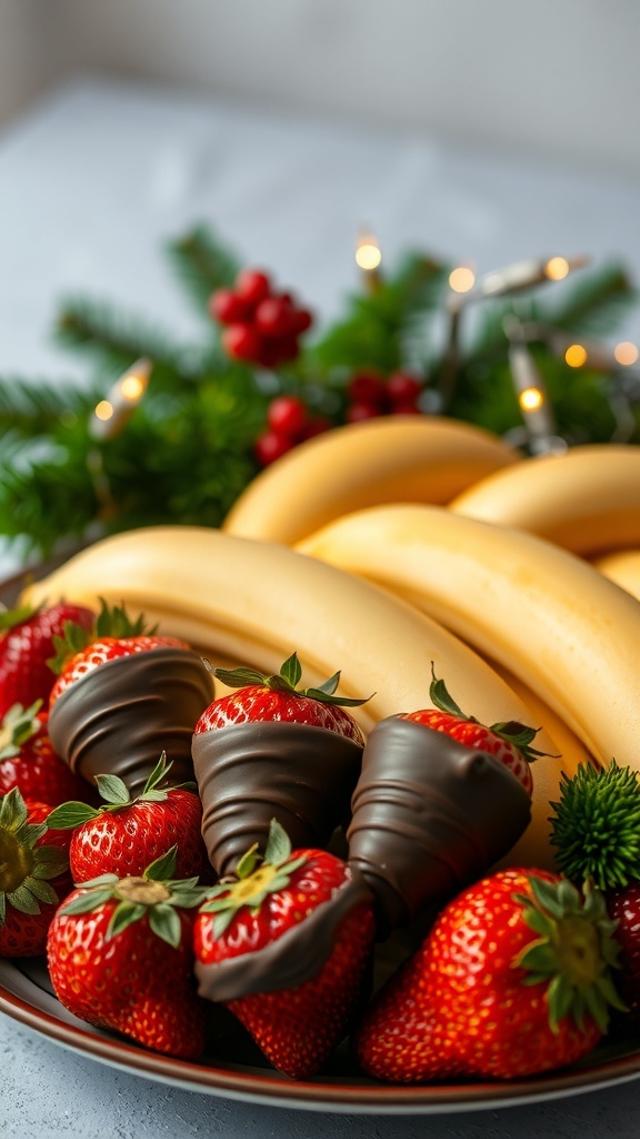 A plate of chocolate-dipped strawberries and bananas, decorated with festive greenery.