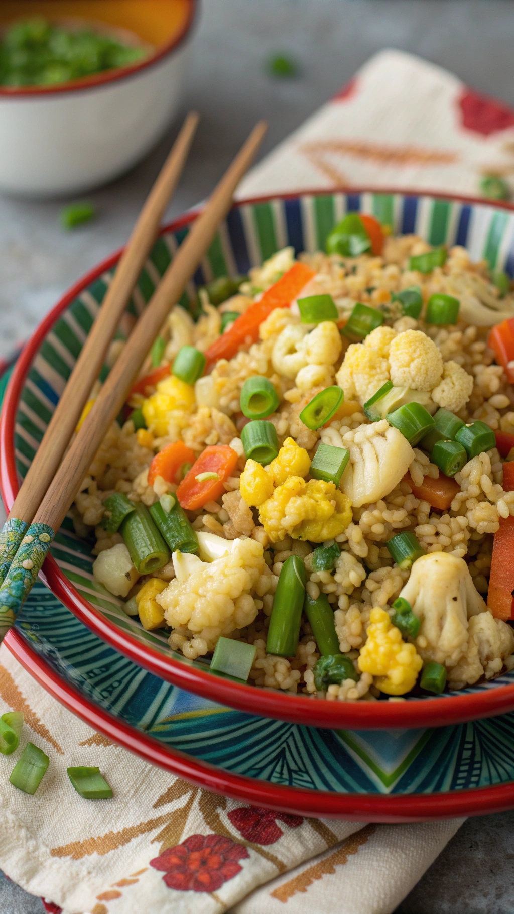 A colorful bowl of cauliflower fried rice with vegetables and chopsticks.