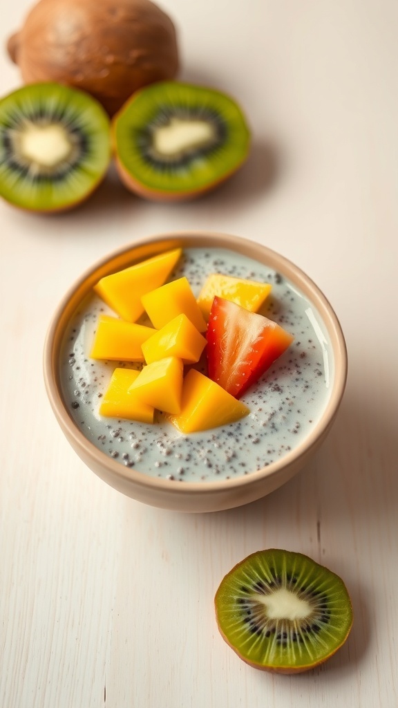 Chia seed pudding topped with mango and strawberries, with kiwi slices in the background.