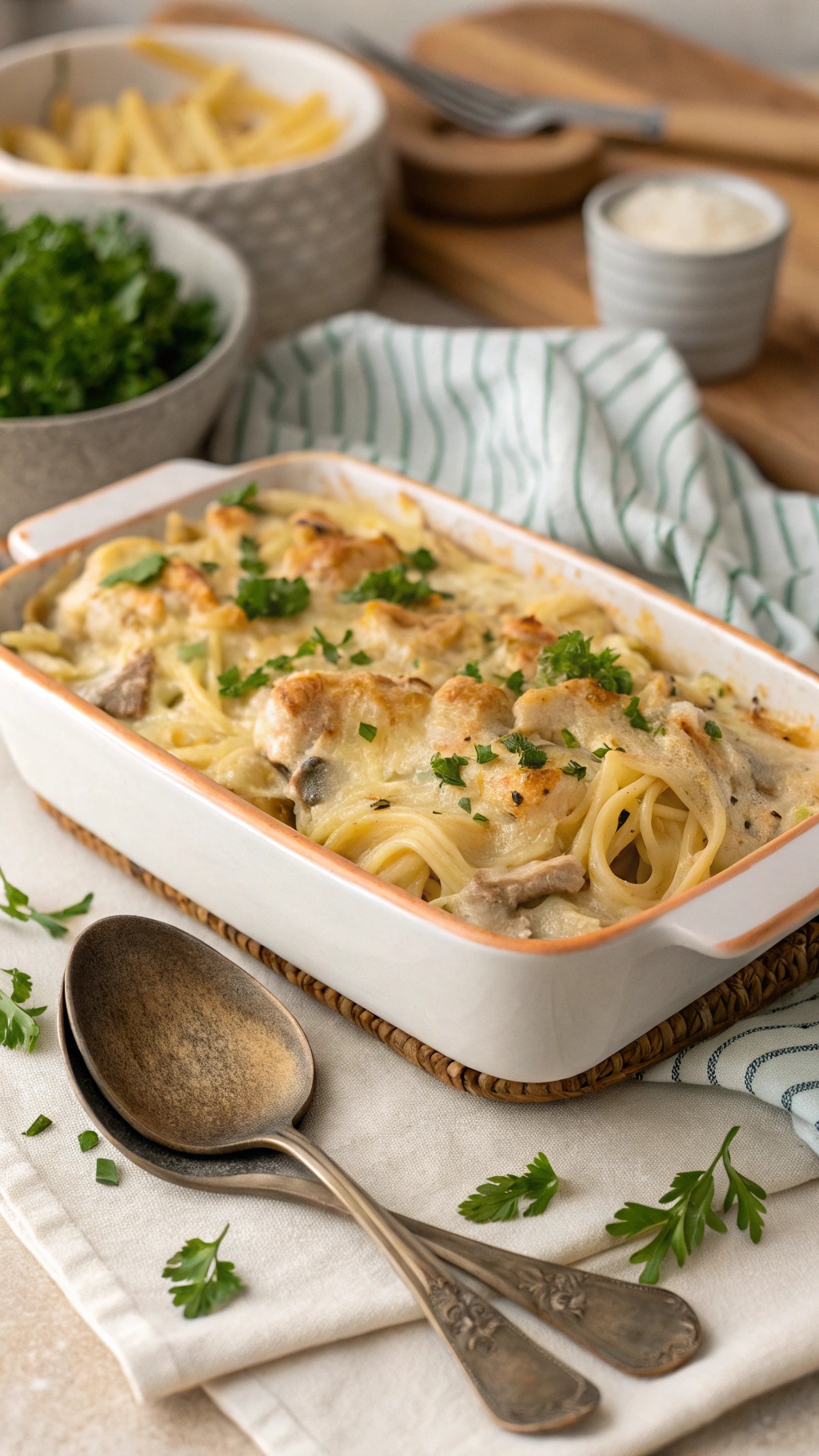 A creamy chicken tetrazzini casserole topped with cheese and fresh herbs, served with pasta and garnished with parsley.
