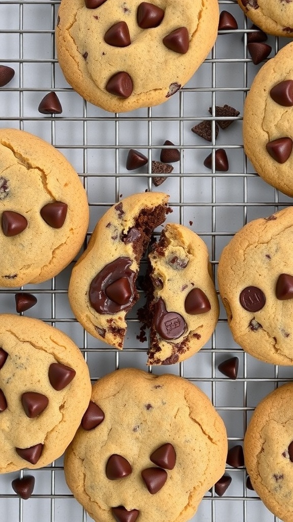Freshly baked chocolate chip cookies on a cooling rack