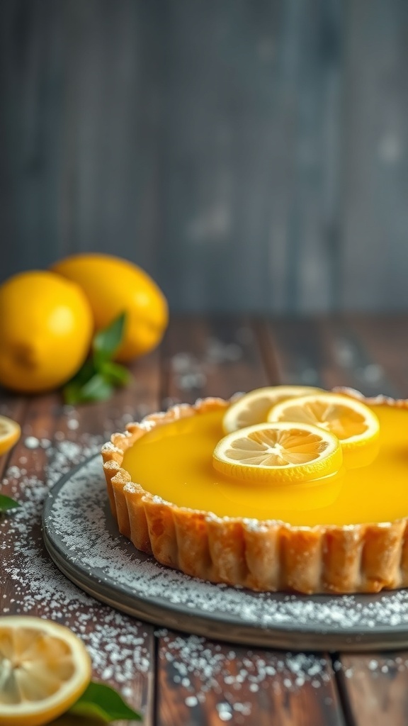 A delicious lemon tart topped with lemon slices and dusted with powdered sugar, with fresh lemons in the background.