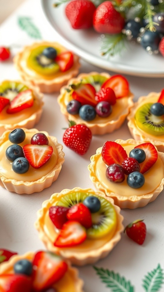 A close-up of mini fruit tarts topped with strawberries, blueberries, and kiwi, arranged on a white surface.