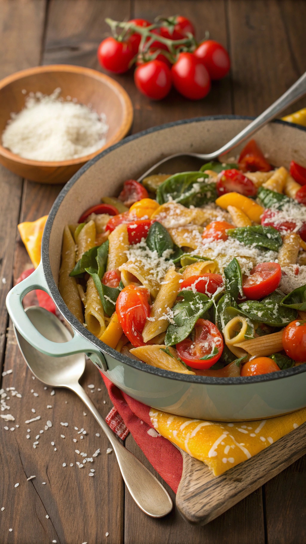 A colorful one-pot pasta dish with cherry tomatoes, spinach, and Parmesan cheese.