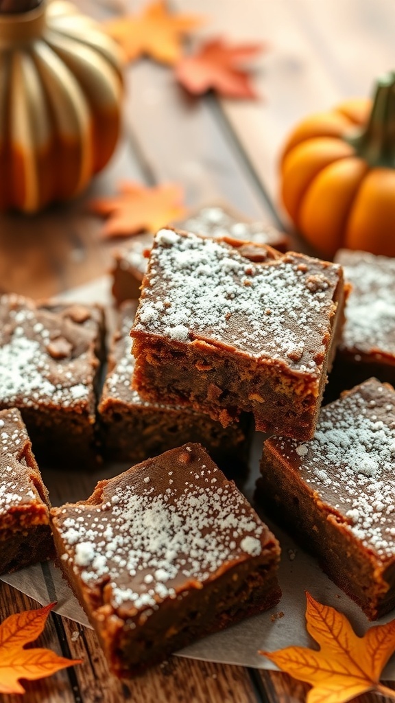 Delicious pumpkin brownies stacked on a wooden surface, surrounded by autumn leaves and small pumpkins.