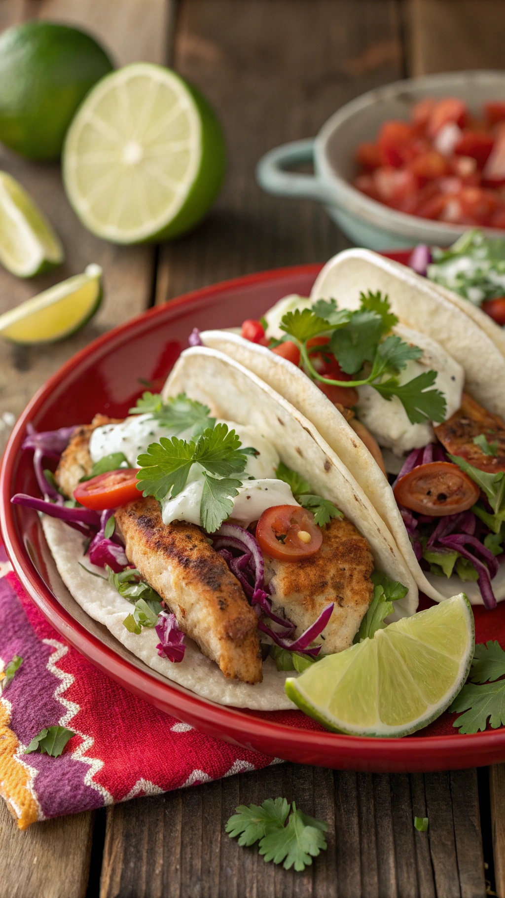 Delicious fish tacos with lime crema, topped with fresh vegetables and served with lime wedges.