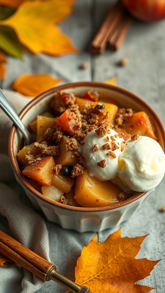 A bowl of Apple Brown Betty topped with ice cream and surrounded by autumn leaves.