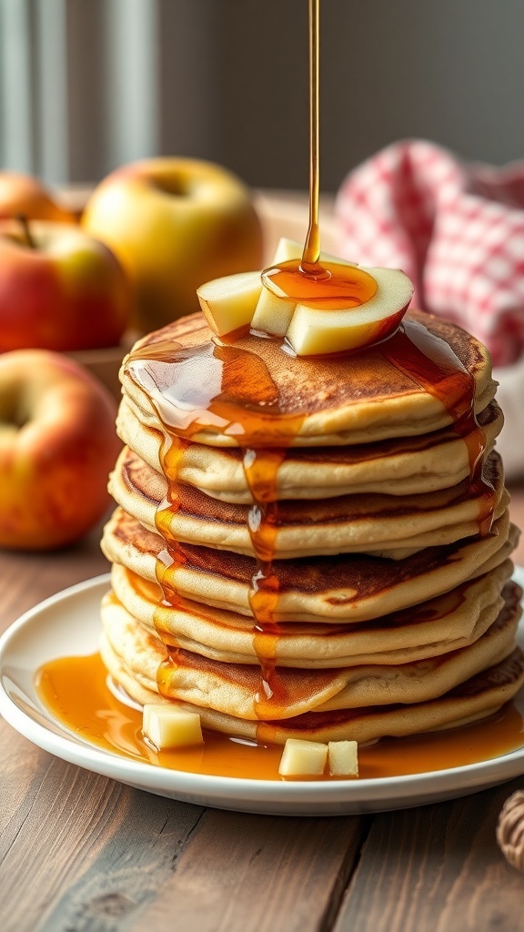A stack of fluffy pancakes topped with syrup and apple slices, with fresh apples in the background.