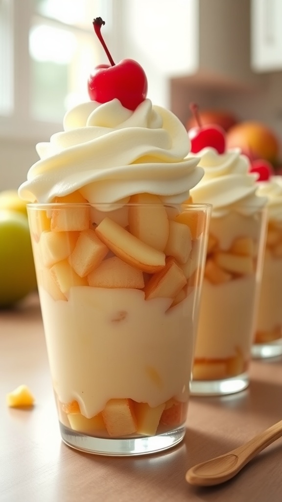 Three clear cups filled with apple pudding cups topped with whipped cream and cherries.