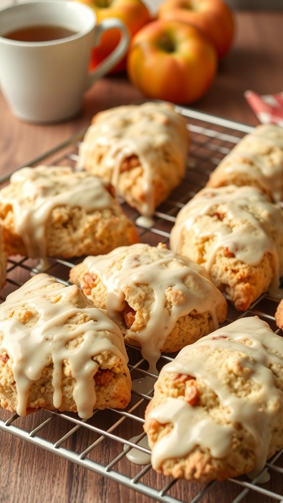 Freshly baked apple scones drizzled with glaze on a cooling rack, with apples and a cup of tea in the background.