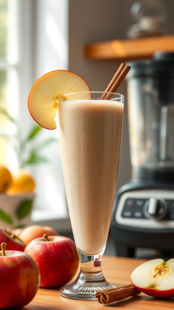 A refreshing apple smoothie in a tall glass, garnished with an apple slice and cinnamon stick, surrounded by fresh apples.