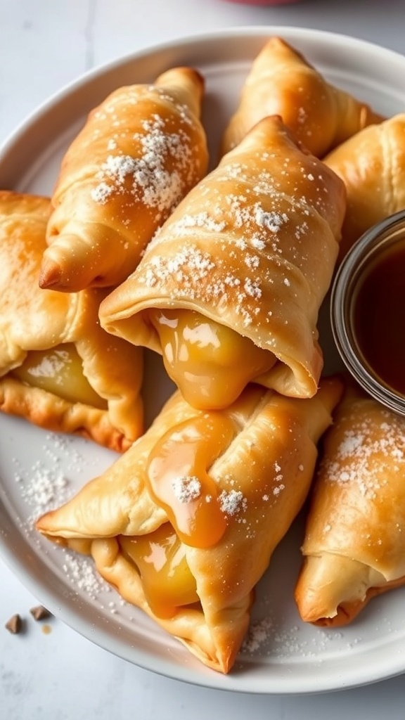 A plate of golden apple turnovers drizzled with caramel sauce and dusted with powdered sugar.