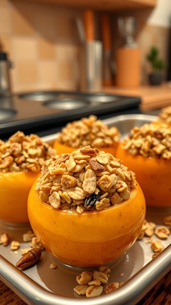 Baked apples topped with oats and nuts in a baking dish